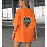 Black Sokak Kadın Turuncu Dinozor Baskılı Oversize Bisiklet Yaka T-Shirt - M