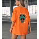 Black Sokak Kadın Turuncu Dinozor Baskılı Oversize Bisiklet Yaka T-Shirt