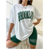 Black Sokak Kadın Yeşil Baskılı 1898 Brooklyn New York Beyaz Oversize Bisiklet Yaka T-Shirt - S - M