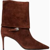 Black Suede Studio Simone 80 Kahverengi Süet Yan Tokalı Sivri Burun, 80MM Ince Topuklu Ankle Bot