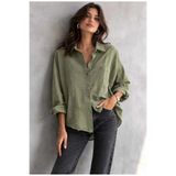 blackbonds Kadın Haki Oversize Pamuklu Rahat Tek Cepli Keten Gömlek – Yeni Yaz Koleksiyonu
