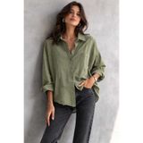 blackbonds Kadın Oversize Haki Pamuklu Rahat Keten Gömlek – Yaz Koleksiyonu