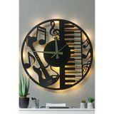 Blackdekor 50 Cm Müzik Temalı Dekoratif Duvar Saati - Gitar, Nota Ve Piyano Tasarımı, Işıklı Mdf Saat, Modern