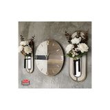 Blackframe Milano design - Açık Gri - Siyah & Koyu meşe Duvar Saati 40x38 cm Ve Ahşap Aynalı Çiçeklik- 45x16cm