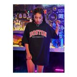 blackjack giyim Blackjackgiyim Kadın Siyah Boston Baskılı Oversize Tshirt