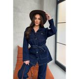 BLACKPERA Cep Detaylı Kuşaklı Lacivert Denim Premium Tunik Boy Ceket Jean Kot Takım Tesettüre Uygun