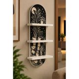 Blacksea Siyah Beyaz Saksı Bitkileri Çizimi Temalı 3 Raflı Oval Duvar Rafı, 70 X 25 Cm, Mdf