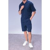 Blayn Jeans Erkek Rahat Kalıp Cepli Keten Gömlek ve Beli Lastikli Şort Yazlık Oversize Takım - Lacivert - 2XL