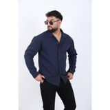 blayn jeans Erkek Uzun Kollu keten görünümlü Gömlek Oversize Kalıp Lacivert M