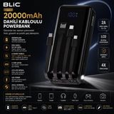 Blic Hibotekno Blıc Bpb6 20000 Mah Powerbank Dahili 4 Kablolu LCD Dijital Göstergeli 2 USB Çıkışlı Type-C Lightning Micro USB Taşınabilir Hızlı Şarj Power Bank - Siyah
