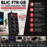Blic Hibotekno Blıc Ftr-08 8'li Akım Korumalı Priz 3 USB Girişli 4000W 16A 2 Metre Kablolu Smart Ic Termal Korumalı Çoklu Priz - Çok Renkli