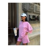 Bliss Kadın Alt Üst Şortlu Takım Taşlı Model , Oversize Rahat Kesim Yazlık Takım