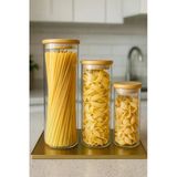 Blissra 3'lü Borosilikat Cam Bambu Kapaklı Vakumlu Kavanoz – 22-18-14 cm, çap:8cm – 1400 ml