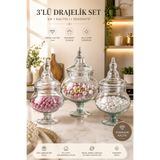 BLN HOME 3'lü Cam Drajelik Set Kapaklı Ayaklı Büyük Boy Şekerlik Lokumluk Kurabiyelik Dekoratif Cam Sunum Kavanozu