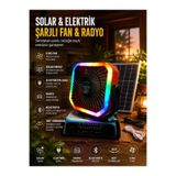 BLOMSTER EVERTON RT-952 Solar Şarjlı 6 İnç Fan Radyo Bluetooth Müzik Çalar RGB Işıklı 360° Döner Vantilatör