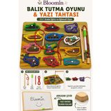 Bloomin Balık Tutma & Yazı Tahtası - Ipe Dizme Oyunu Büyük Boy (Kalem Dahil) Silinebilir Yazı Tahtası Eğitici Ahşap Oyuncak - YAZI TAHTASI - Ahşap Bej - Siyah