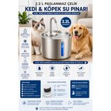 Blooming Plus Su Seviyesi Göstergeli 2.2L Paslanmaz Çelik Kedi Köpek Su Pınarı Otomatik Su Çeşmesi USB Sessiz Filtreli
