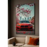BLT DİZAYN Kırmızı BMW Spor Araba ve Kiraz Çiçeği Temalı Poster – Modern Dekoratif Duvar Tablosu