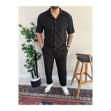 blucombin Ottoman Fitilli Yazlık Kısa Kol Gömlek ve Pantolon Takım 2li Set