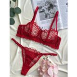 Blue Avcı NOATEKS Kırmızı Yaprak Desenli Transparan Tül ve Dantel Detaylı Bralet Takım