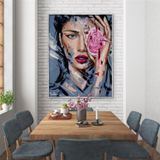 Blue Eyes Pink Rose Yağlı Boya Dokulu Tablo 75X100 Gold Çerçeveli