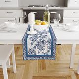 Blue Flowers Runner-TR104, 140x45cm (İnce Keten, Uluslararası Yıkama Ve Solmama Sertifikası)