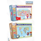 Blue Focus 2 Adet Puzzle - 100 Parça Türkiye Haritası Puzzle Ve 100 Parça Dünya Haritası Puzzle