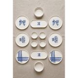 Blue Gift 14 Parça 6 Kişilik Stackable Seramik Tabak Seti Premium Sunum & Kahvaltı Takımı- Lüks Mavi Fiyonklu Çeyizlik Sunum Seti Beyaz