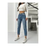 blue marlın KADIN MAVİ LAZER İŞLEMLİ MOM JEANS