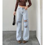 Blue Marlin Kadın Yüksek Bel Diz Lazer Yırtık Bol Paça Kot Pantolon - Açık Mavi - 36