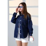 BLUE NATIONAL JEANS Kadın Oversize Kesim Kot Gömlek Ceket Kar Yıkama Mavi Koyu Enzim Renk Günlük Şıklık -BNJ4904