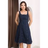 BLUE NATIONAL JEANS Nova Midi Boy Gece Mavi Askılı Kadın Kot Elbise BNJ-4990