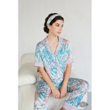 Blue Savana Kadın Saten Pijama Takımı Kaplan Ve Zebra Desenli Kısa Kollu Mavi