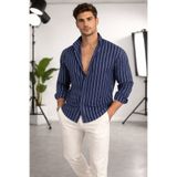 BLUE STREET Erkek Lacivert Beyaz İkili Çizgili Regular Relaxed Fit Uzun Kollu Gömlek