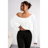 BLUE STREET Kadın Düşük Omuz Kayık Yaka Oversize Uzun Kollu Crop T-Shirt