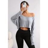 BLUE STREET Kadın Gri Melanj Düşük Omuz Kayık Yaka Oversize Uzun Kollu Crop T-Shirt