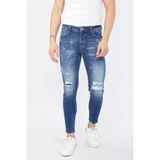 Blue White Erkek Skinny Fit Yırtık Detaylı Koyu Mavi Jean