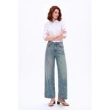 Blue White Kadın Açık Mavi Yüksek Bel Wide Leg Boya Efektli Jean Pantolon Açık Mavi