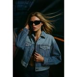 Blue White Kadın Oversize Jean Ceket Mavi %100 Pamuk Düz Desenli Şık Tasarım