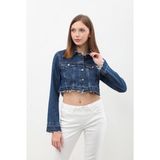 Blue White Kadın Püsküllü Crop Jean Ceket - XS - Mavi