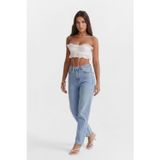 Blue White Kadın Yüksek Bel Buz Mavisi %100 Pamuk Mom Fit Jean Pantolon
