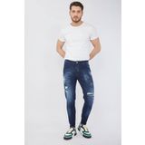 Blue White Koyu Mavi Erkek Skinny Fit Boya Detaylı Jean