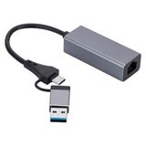 Blue Wings USB ve Type-C Hub Adaptör To 3x USB 3.0 + RJ45 1000Mbps Gigabit Ethernet Çevirici Dönüştürücü - Gri