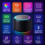 Bluetooth Hoparlör Ekstra Bass, LED Işıklı, Taşınabilir Mini Hoparlör - Siyah