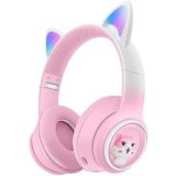 Bluetooth Mikrofonlu Işıklı Kedili Kulaklık Cat Headsphone Kablosuz Bluetooth Kulaklık Yumuşak Ped Ayarlanabilir Kafa Bant Android Ve İos Uygun (Pembe Kedi Kulaklık)