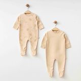Blumi Kids Organik Patikli Tulum Seti – Tavşan Desenli & Düz Bej - 6 Ay