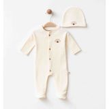 Blumi Kids Papatya Nakışlı Organik Patikli Tulum & Bere - Krem - 6 Ay