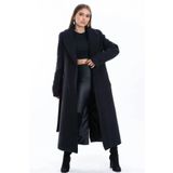 bm bessomoda fashion boutique Kadın Siyah Kuşaklı Uzun Kaşe Kaban