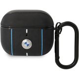 BMW Airpod 3.nesil Uyumlu Pu Deri Mavi Beyaz Çizgili Metal Logolu Kılıf Siyah