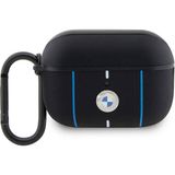 BMW Airpod Pro 2 Uyumlu Pu Deri Mavi Beyaz Çizgili Metal Logolu Kılıf Siyah